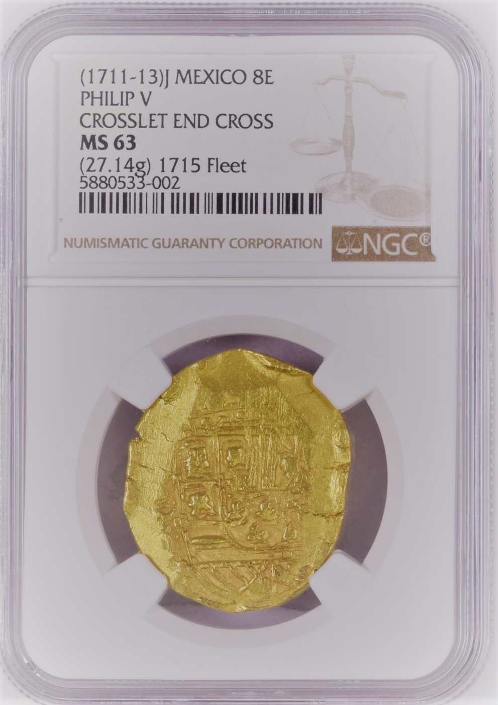 1715年 ”沈没船金貨” フェリペ5世 8エスクード金貨 COBコイン(NGC/MS63 