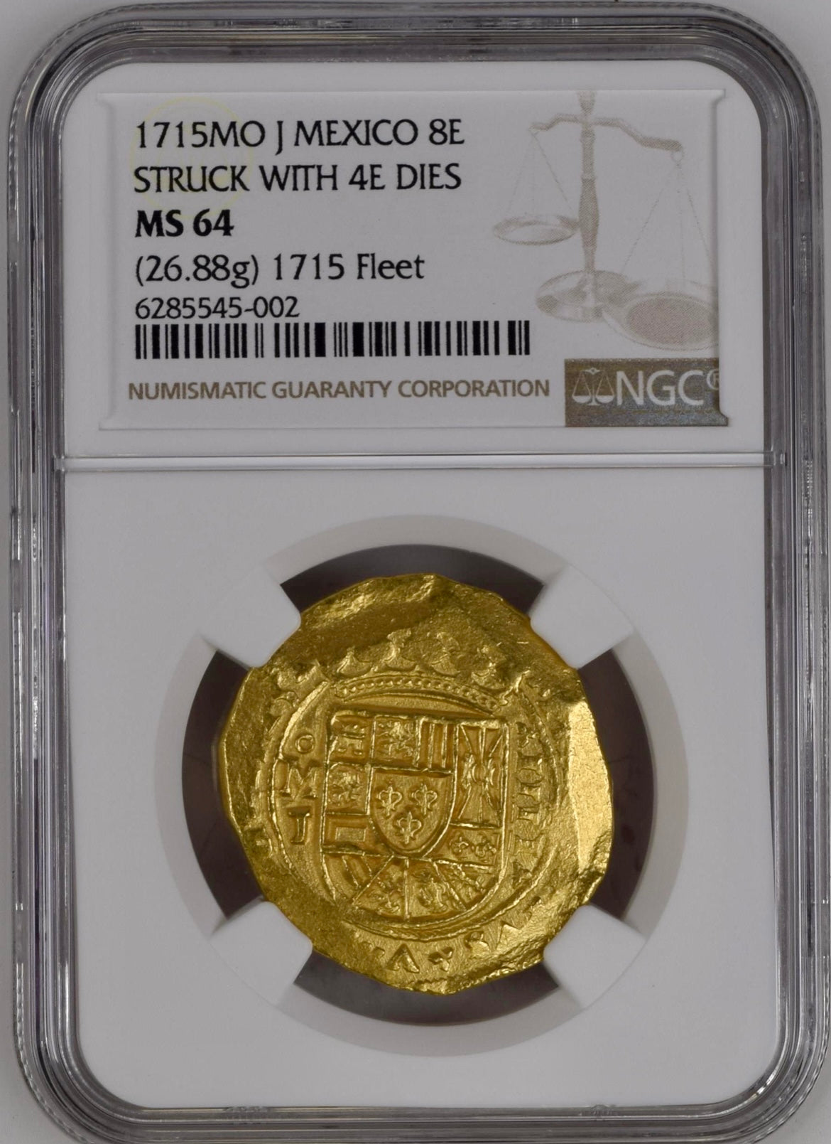 1715年 メキシコ8エスクード金貨 “沈没船金貨” COBコイン(NGC/MS64 