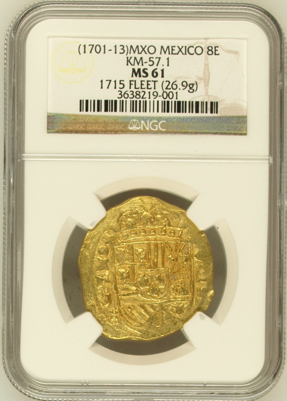 1715年 ”沈没船金貨” メキシコ8エスクード金貨 COBコイン(NGC/MS61 