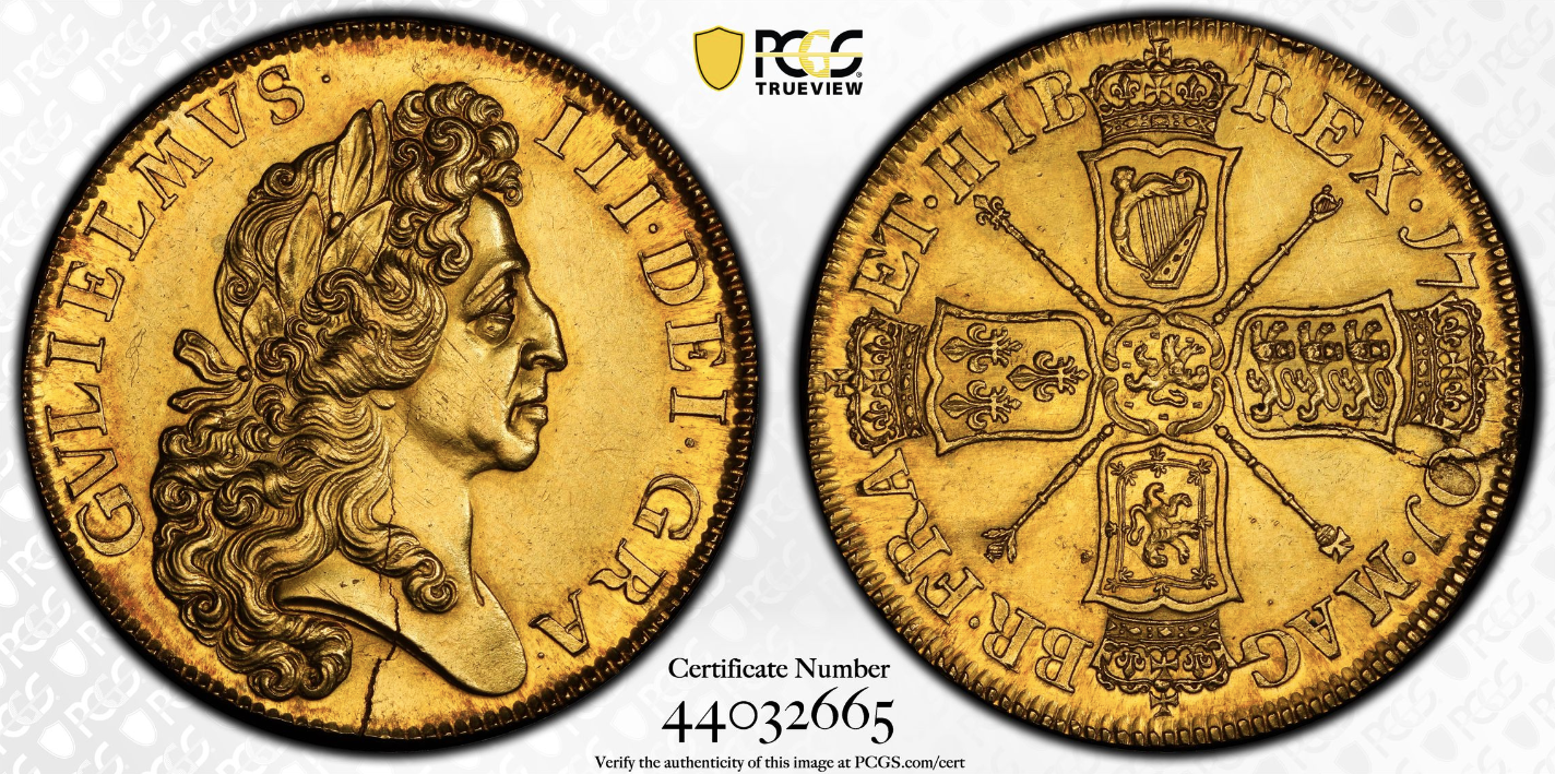 1701年 イギリス ウィリアム3世 5ギニーエラー金貨(PCGS/ MS61