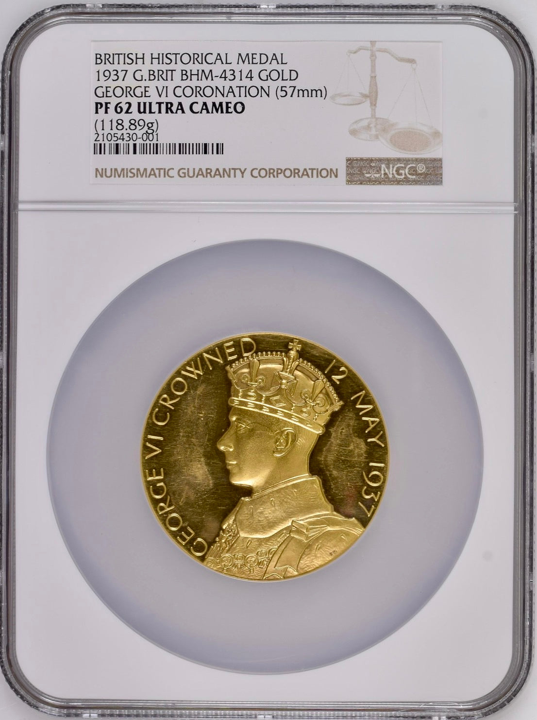1937年 ジョージ6世戴冠記念大型金メダル(NGC/ PF62 ULTRA CAMEO