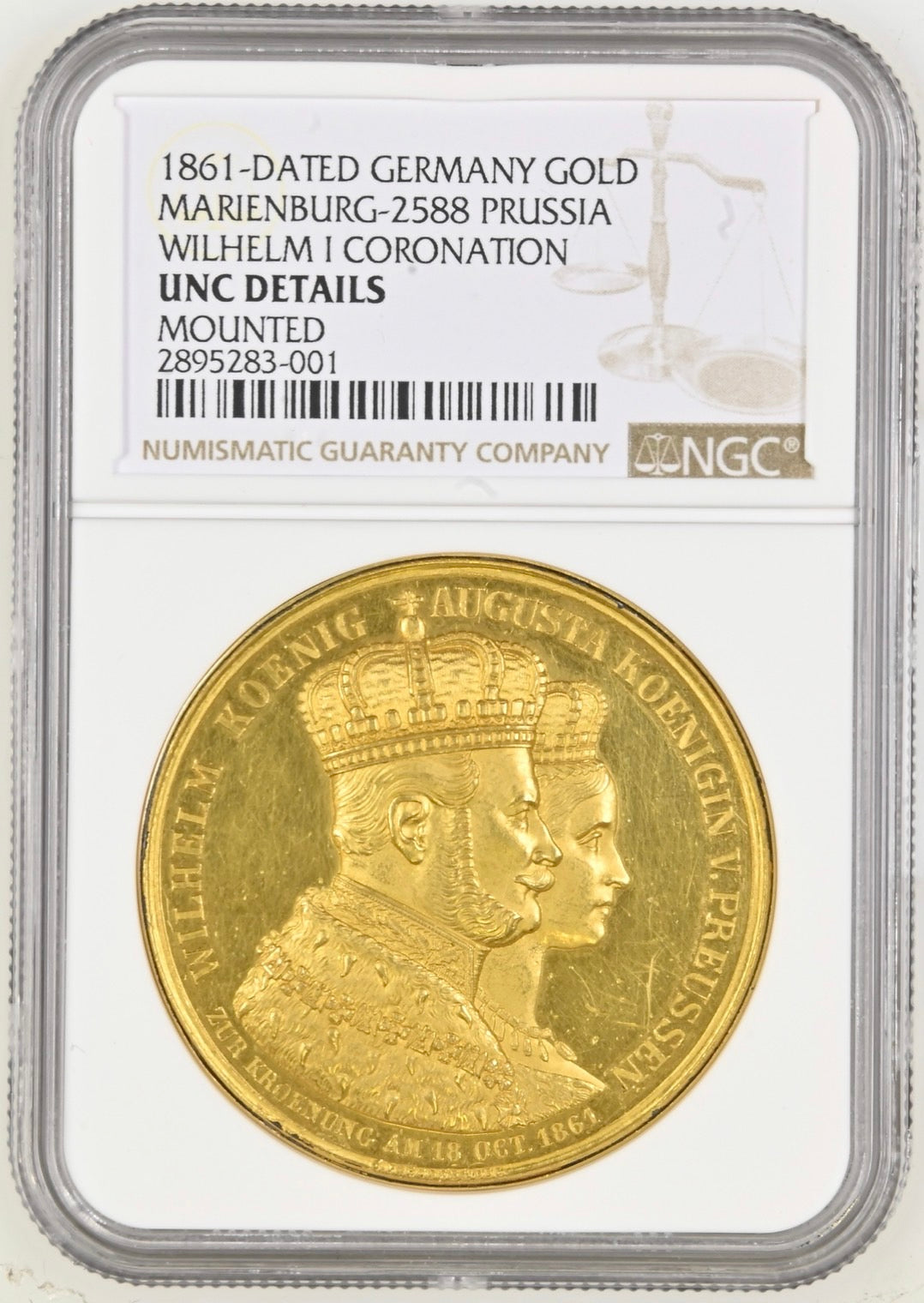 1861年ドイツ プロイセン ヴィルヘルム1世戴冠記念金メダル（NGC/UNC