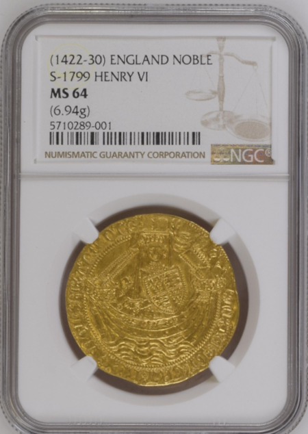 1422-30年　イングランド　ヘンリー6世　ノーブル金貨(NGC/ MS64)