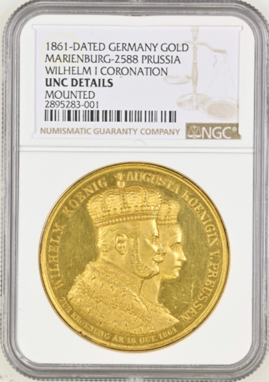 1861年ドイツ プロイセン ヴィルヘルム1世戴冠記念 12ダカット金メダル（NGC/UNC DETAILS）