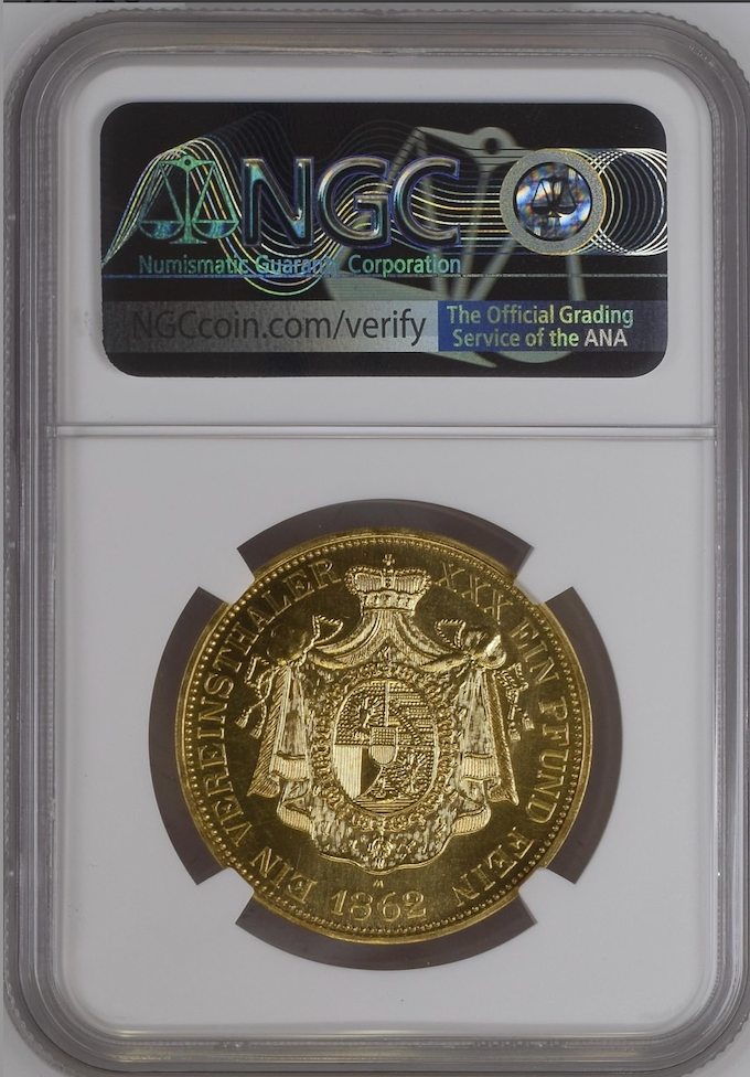 1862年 リヒテンシュタイン ターラー金貨 リストライク (NGC/PF68)