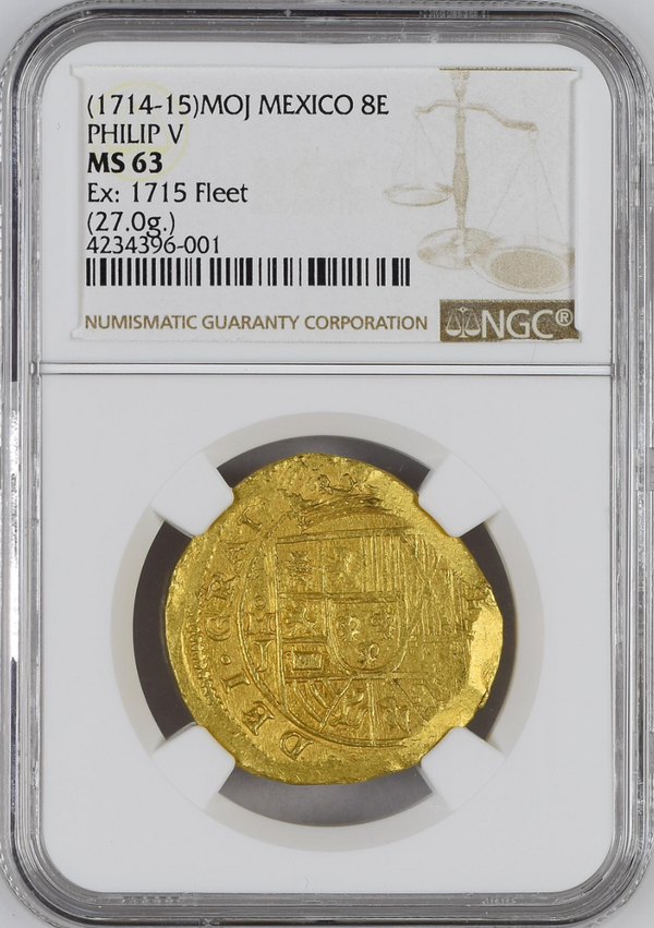 1714-1715年 メキシコ 1715フリート  "海賊コイン" 8エスクード金貨(NGC/ MS63)