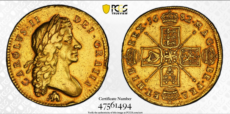 1670年 イギリス チャールズ2世 5ギニー金貨(NGC/AU53)