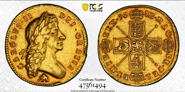 1682年 イギリス チャールズ2世 5ギニー金貨（PCGS/XFDetails）