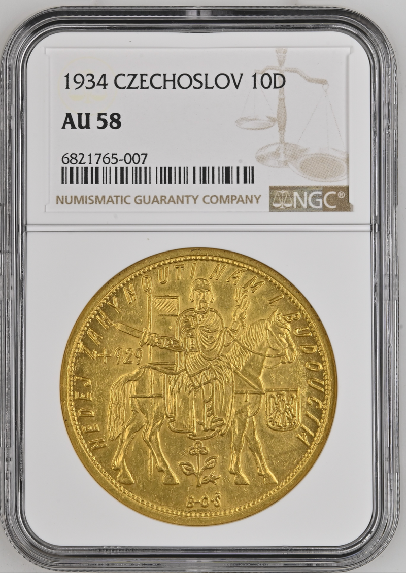 1934年チェコスロバキア"馬上の聖ヴェンセスラス" 10 ダカット金メダル(NGC/AU58)