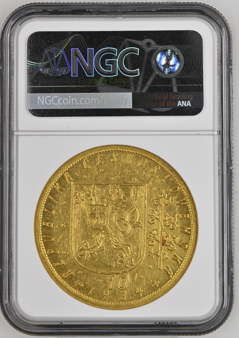1934年チェコスロバキア"馬上の聖ヴェンセスラス" 10 ダカット金メダル(NGC/AU58)