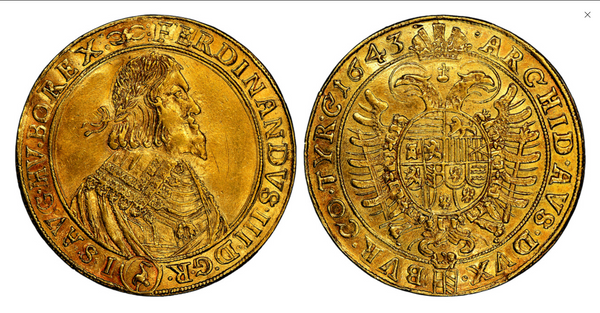 1643年オーストリア フェルナンド3世10ダカット金貨（NGC/DETAIL）