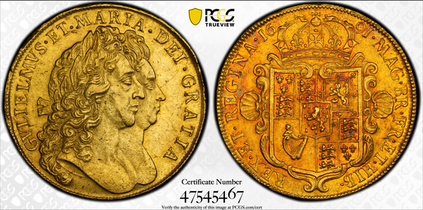 1691年 ウィリアム＆メアリー 5ギニー金貨(PCGS/AU53）