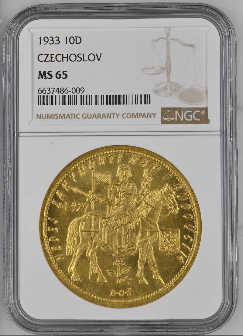 1933年チェコスロバキア"馬上の聖ヴェンセスラス" 10 ダカット金メダル(NGC/MS65）