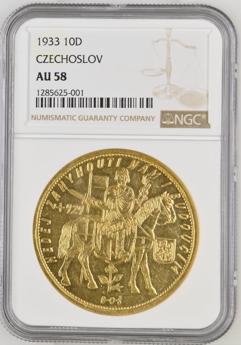 1933年チェコスロバキア" 馬上の聖ヴァーツラフ" 10 ダカット金メダル(NGC/AU58)