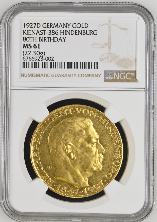 1927年ドイツ  ヒンデンブルク大統領 生誕80周年記念金メダル(NGC/MS61)