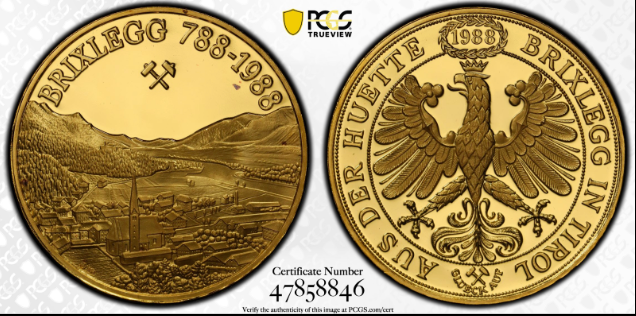 1988年 オーストリア ブリックレック1200年記念 都市景観9ダカット金メダル(PCGS/SP67)