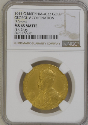 1911年 イギリス ジョージ5世戴冠記念金メダル(NGC/MS63 MATTE)