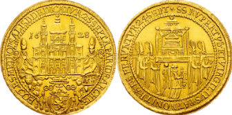 1628年 神聖ローマ帝国  オーストリア ザルツブルグ大聖堂奉献記念 10 ダカット金貨 リストライク(NGC/UNC Details)