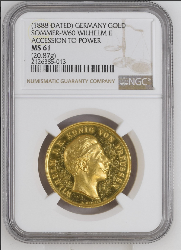 1888-DATEDドイツ プロイセンヴィルヘルム2世戴冠記念6ダカット金メダル(NGC/MS61)