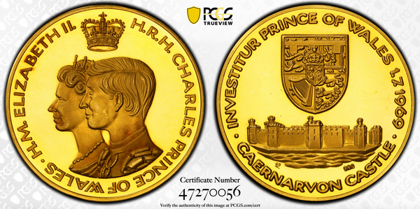 1969年イギリス エリザベス女王2世 チャールズ皇太子殿下金メダル(PCGS/SP67)