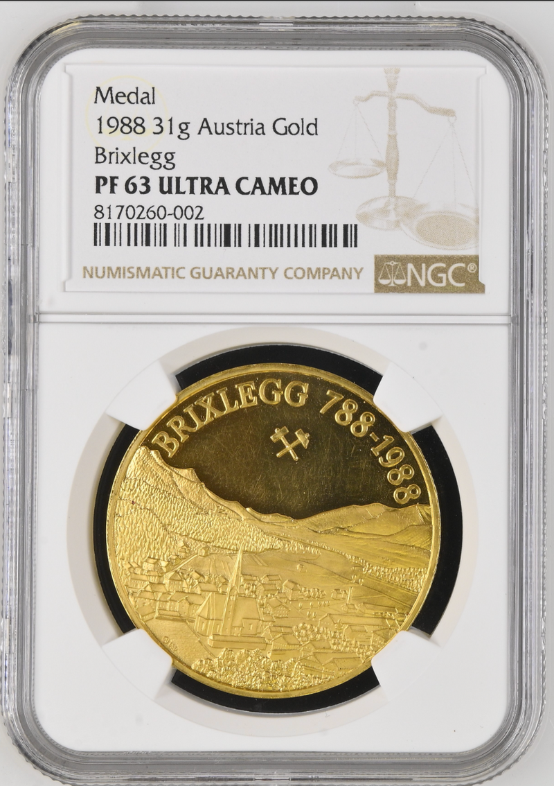 1988年オーストリア ブリックレック1200年記念 都市景観9ダカット金貨(NGC/PF63UCAM)