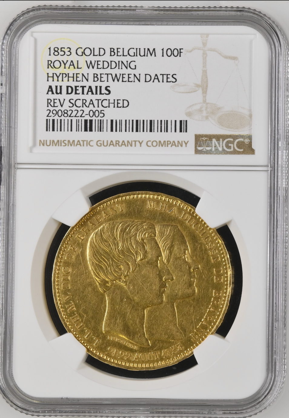 1853年ベルギー レオポルト1世皇太子御成婚記念100フラン金貨(NGCAU 1853年ベルギー レオポルト1世皇太子御成婚記念100フラン金貨(NGCAU