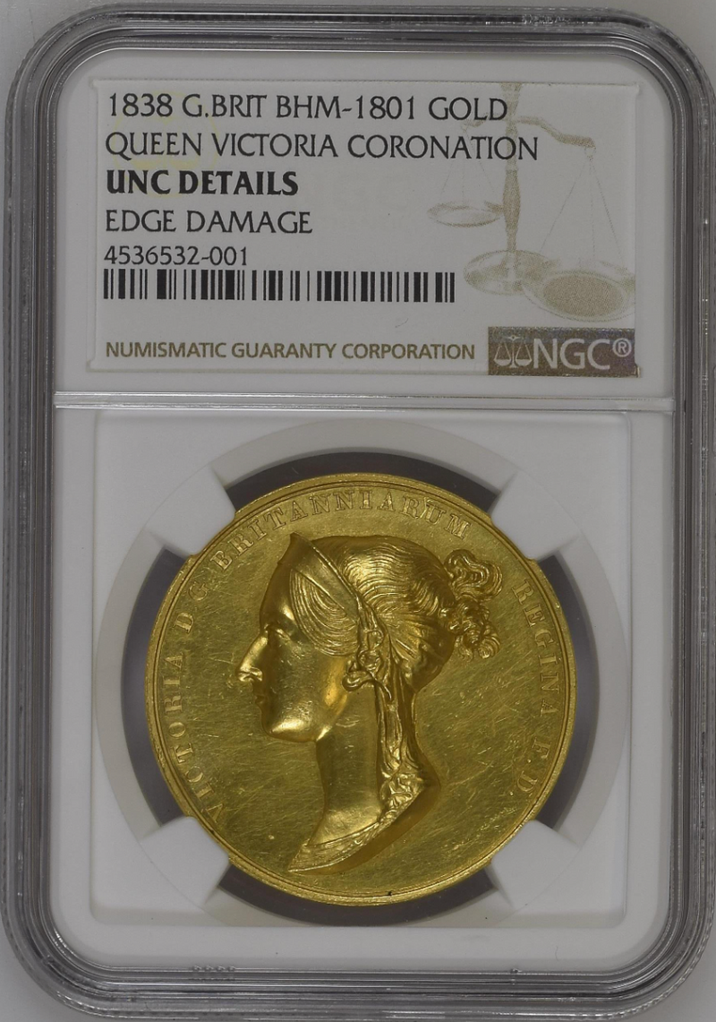 1838年 ヴィクトリア女王戴冠記念金メダル(NGC/UNC DETAILS EDGE DAMAGE)