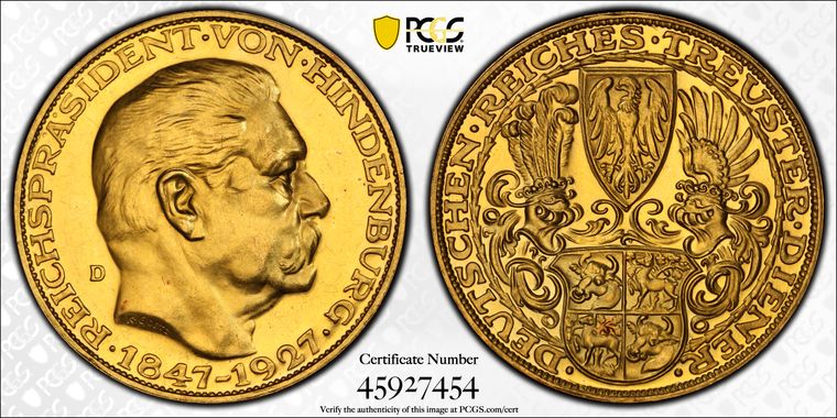 1927年 ドイツ ヒンデンブルク大統領 生誕80周年記念金メダル(PCGS/SP62)