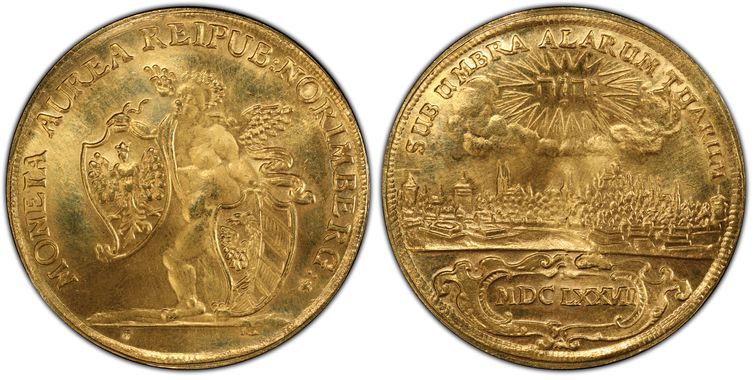 1677年 ドイツ 都市景観 ニュルンベルク 稀少大型金貨 (PCGS/UNC DETAILS)