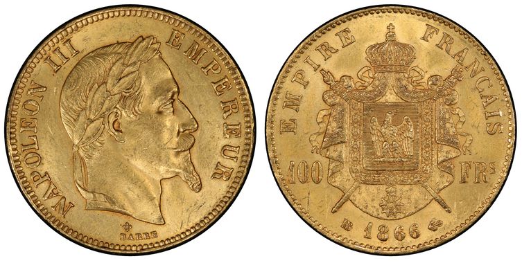 1866年 フランス ナポレオン三世 100フラン金貨 (PCGS/MS62)