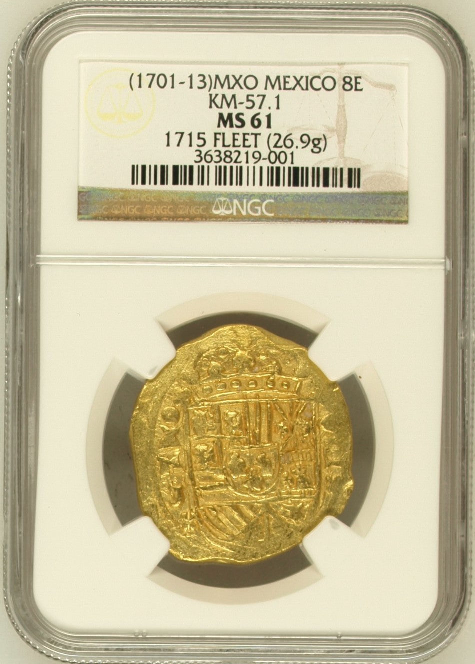 1715年 ”沈没船金貨” メキシコ8エスクード金貨 COBコイン(NGC/MS61