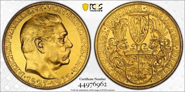 1932年ドイツ  ヒンデンブルク大統領  生誕80周年記念大型金メダル(PCGS/SP65)