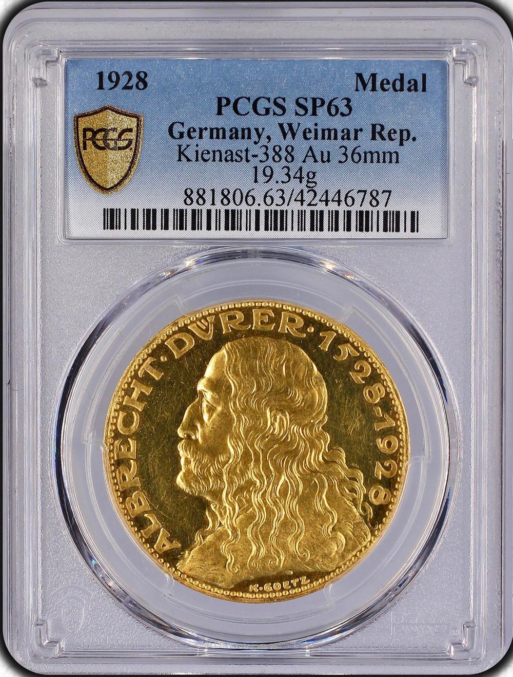 1928年 アルブレヒト・デューラー横肖像 没後400周年記念金メダル(PCGS