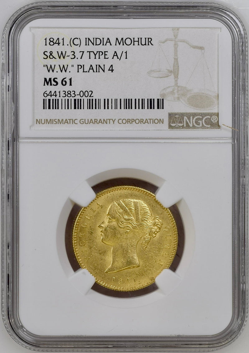 1841年盟 英領インド東インド会社 ヤング・ヴィクトリア モハール金貨(NGC/MS61)