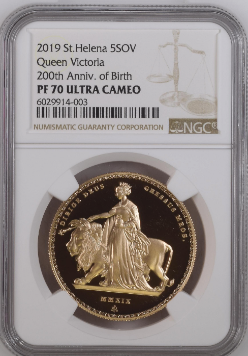 2019年 ウナとライオン セントヘレナ ヴィクトリア女王生誕200周年復刻版5ポンド金貨(NGC/PF70UCAM )