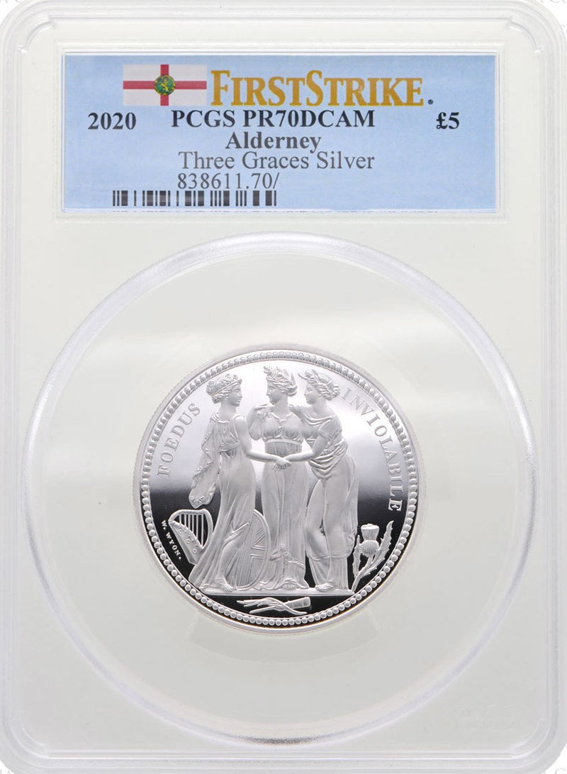 2020年 オルダニー島 スリーグレイセス 5ポンド銀貨(PCGS/PR70DCAM)