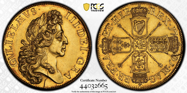 1701年　イギリス ウィリアム3世 5ギニーエラー金貨(PCGS/ MS61)