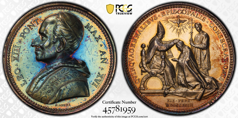 1893年バチカン市国レオ13世銀メダル(PCGS/SP61)