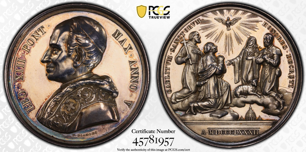 1882年バチカン市国レオ13世銀メダル(PCGS/SP61)