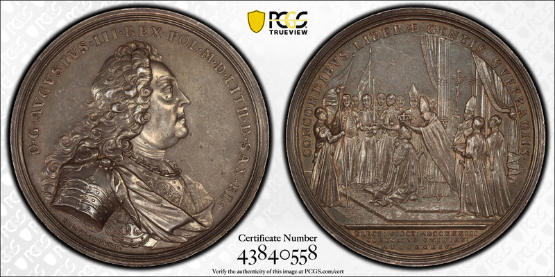1734年 アウグストゥス3世 ポーランド国王戴冠記念銀メダル(PCGS/SP58)