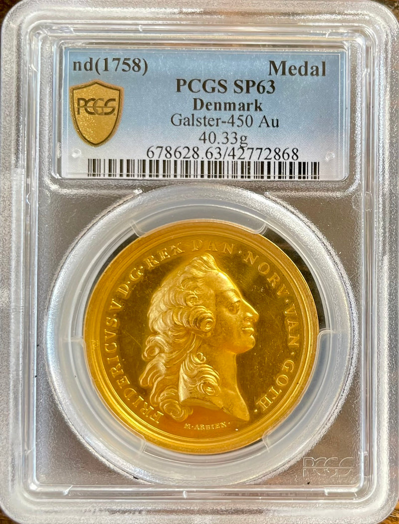 nd(1758) デンマーク フレデリク5世 金メダル(PCGS/SP63)