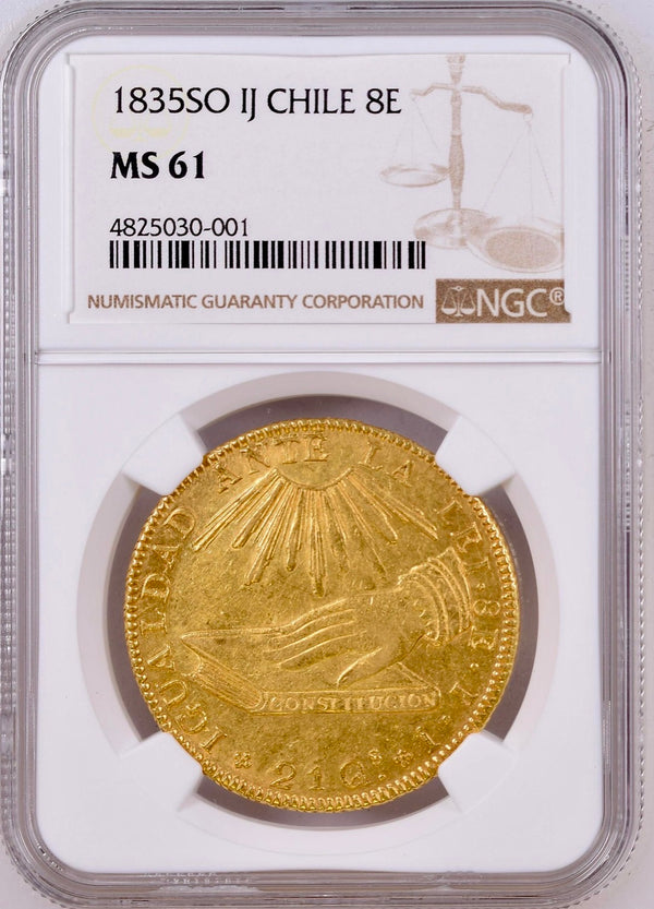 1835年 チリ ８エスクード金貨(NGC/MS61)