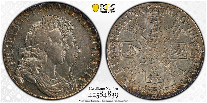 1692年 イギリス ウィリアム&メアリー ギニー銀貨(PCGS/AU DETAILS)